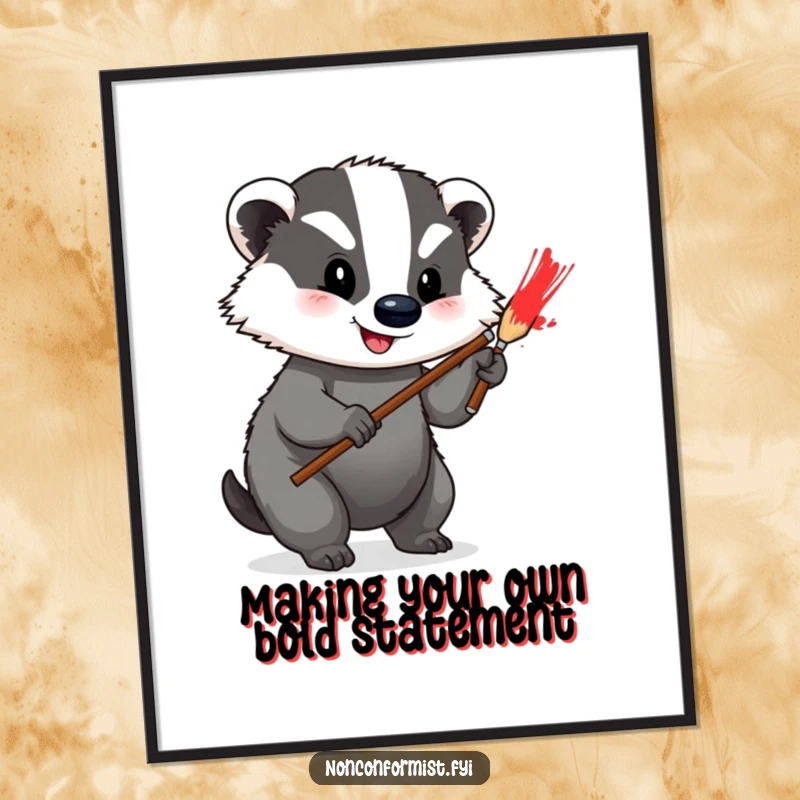 Funny Free Printable Wall Art of a happy badger painting a bright red stripe on grey fur, adding color and creativity to decor.