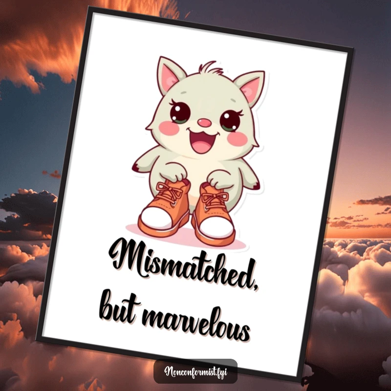 Funny Free Printable Wall Art: A peculiar creature proudly showing off mismatched shoes, delightful and humorous downloadable art.