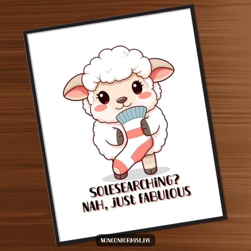 Funny Free Printable Wall Art: Fluffy sheep proudly displaying a single mismatched sock, adding quirky charm.
