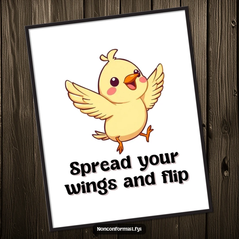 Funny Free Printable Wall Art depicting a spirited bird character with a joyful chirp, performing an impressive and unique aerial flip with flair.