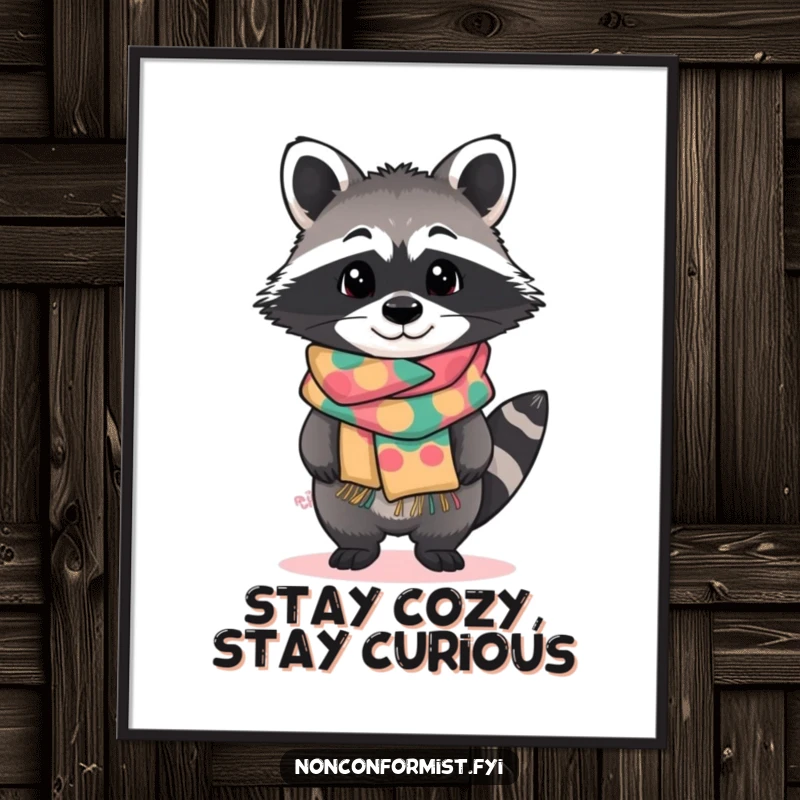 Funny Free Printable Wall Art featuring a standout raccoon character with a curious tilt, wearing an eye-catching, brightly patterned, handmade scarf.