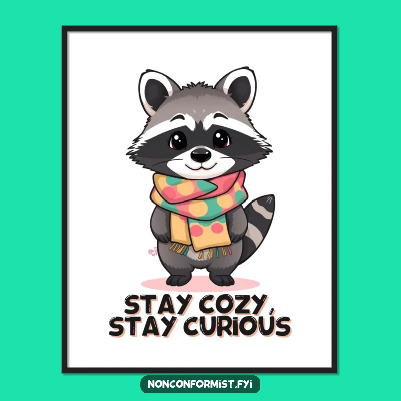 Free Printable Wall Art: Raccoon in Scarf, Funny Stylish Downloadable Art