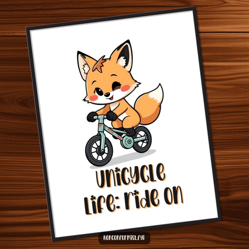 Funny Free Printable Wall Art of a quirky fox with a playful smirk, expertly riding a tiny, patched-up unicycle.