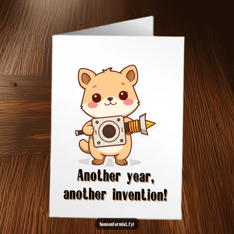 Funny Free Printable Birthday Card: Cute animal showing off a bizarre, homemade invention with pride.