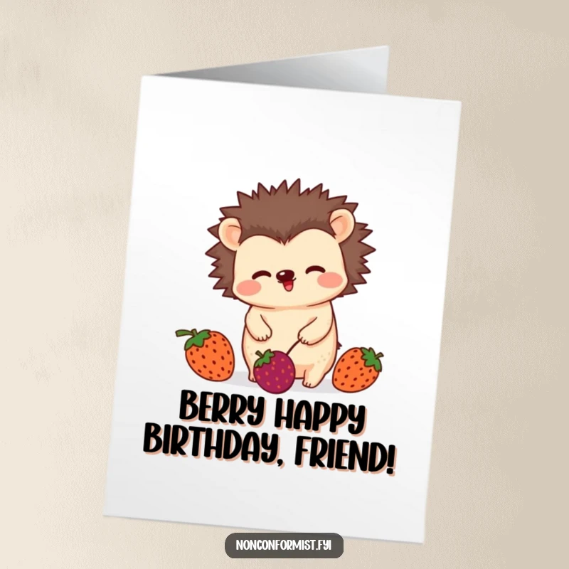 Funny Free Printable Birthday Card showing an unconventional hedgehog character playfully wiggling while juggling three mismatched, colorful berries.