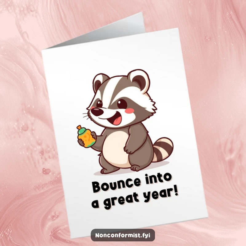 Funny Free Printable Birthday Card: an excited badger bounces, holding a brightly colored, unusual object.