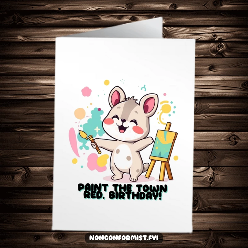 Funny Free Printable Birthday Card: Animal character joyfully paints a bright, abstract pattern, celebrating a birthday with art.
