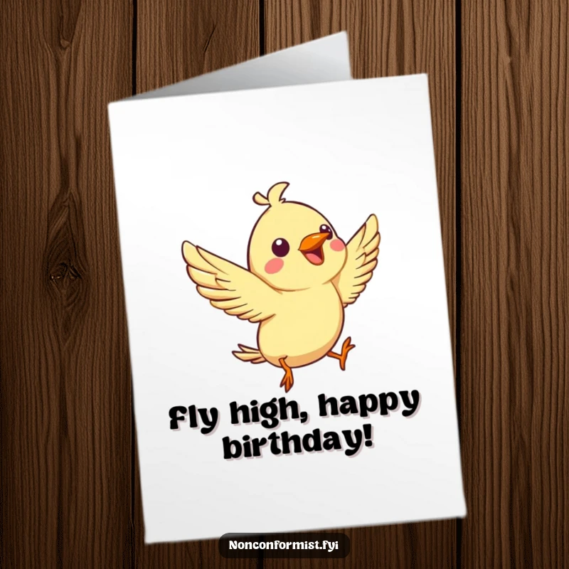 Funny Free Printable Birthday Card of a spirited bird character with a joyful chirp, performing an amazing, unique aerial flip.