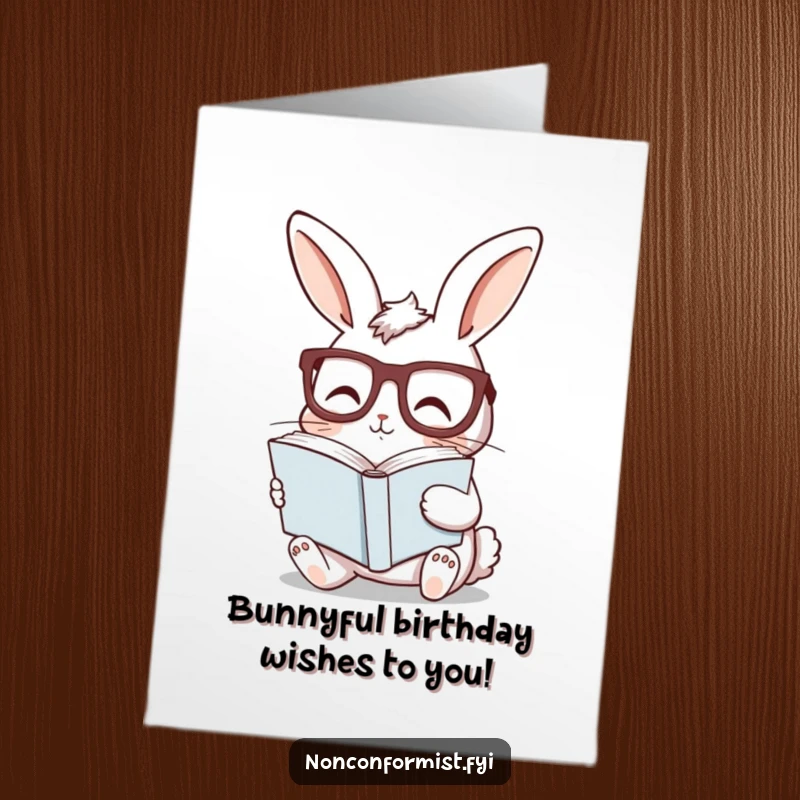 Funny Free Printable Birthday Card: Curious bunny wearing glasses, reading a book held sideways with a smile.