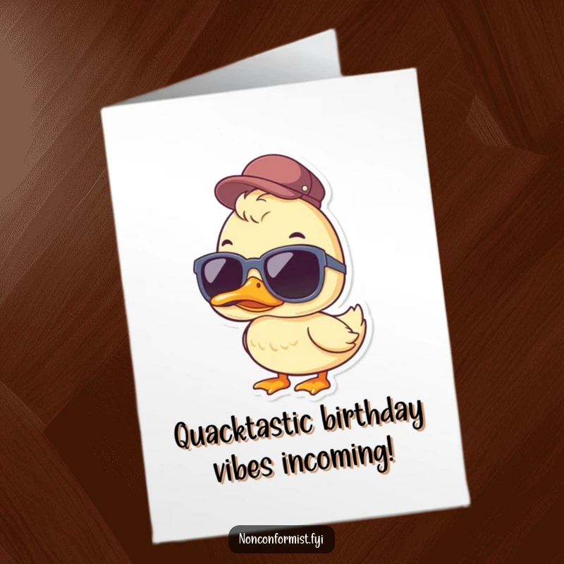 Funny Free Printable Birthday Card: Duck wearing oversized sunglasses and a jaunty cap, looking exceptionally cool.