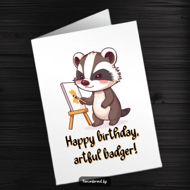 Funny Free Printable Birthday Card: A badger with a fierce, determined expression focused on painting a hilariously lopsided canvas with passion.