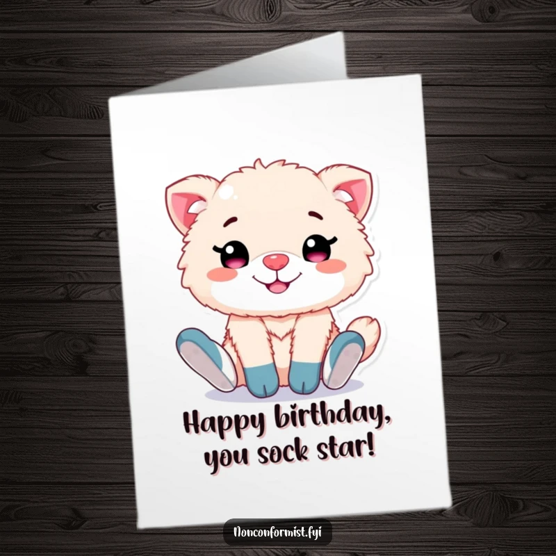 Funny Free Printable Birthday Card: Cute fluffy animal with a proud grin sports mismatched socks, ready for a fun celebration.