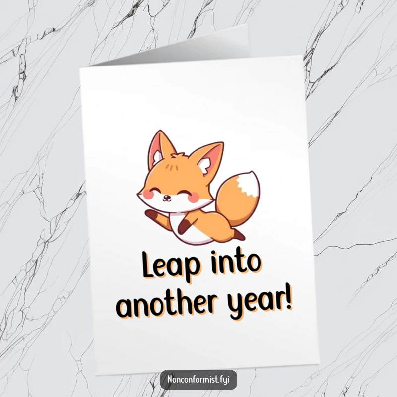 Funny Free Printable Birthday Card: A vibrant fox joyfully leaping high over a stark, perfectly straight line with a mischievous grin.