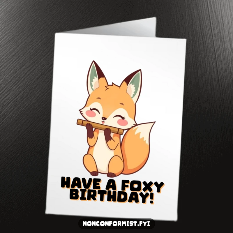 Funny free printable birthday card featuring a happy fox playing a flute with its tail, creating magical music.