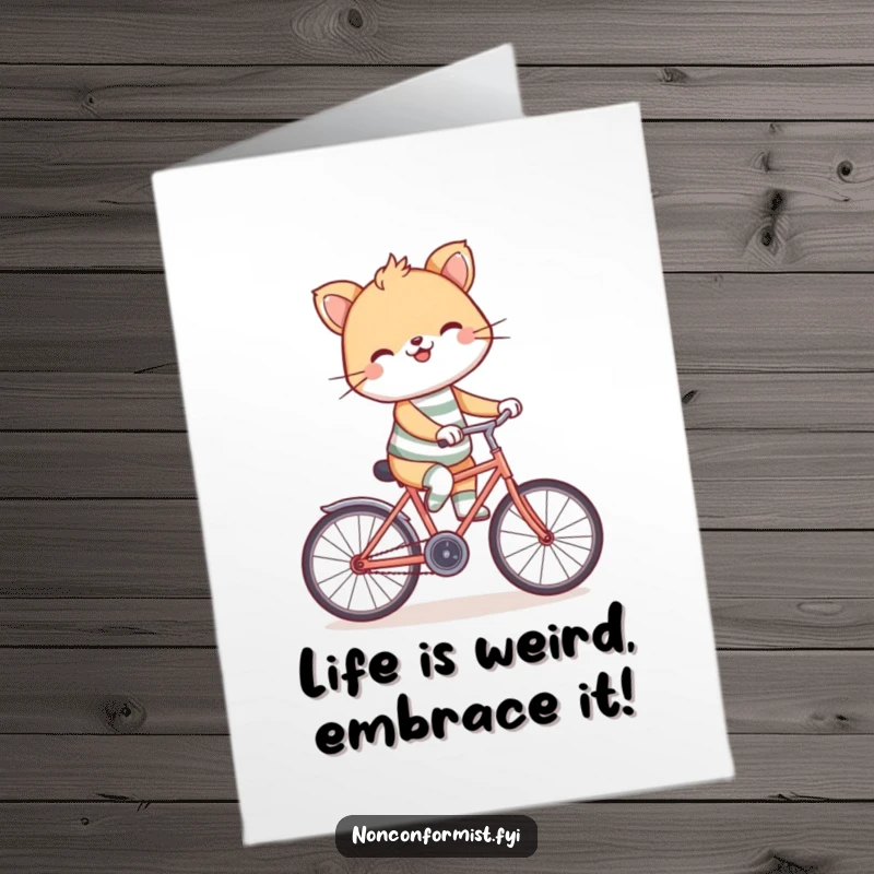 Funny Free Printable Birthday Card featuring a cute animal in mismatched socks, grinning while riding a bicycle backwards, celebrating your unique day.
