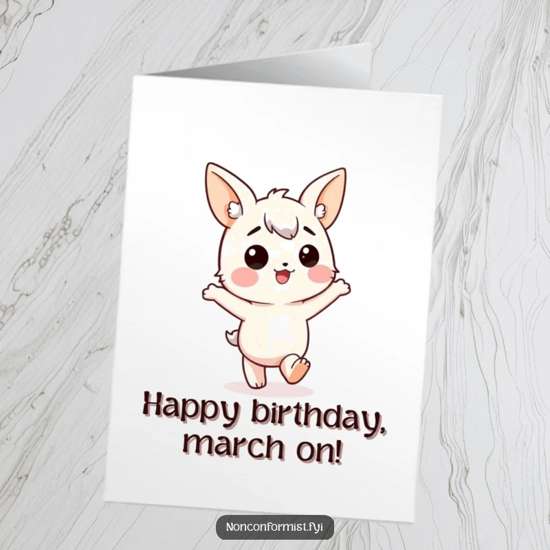 Funny Free Printable Birthday Card: Character with mismatched ears joyfully marching the wrong way. A quirky, humorous DIY greeting.