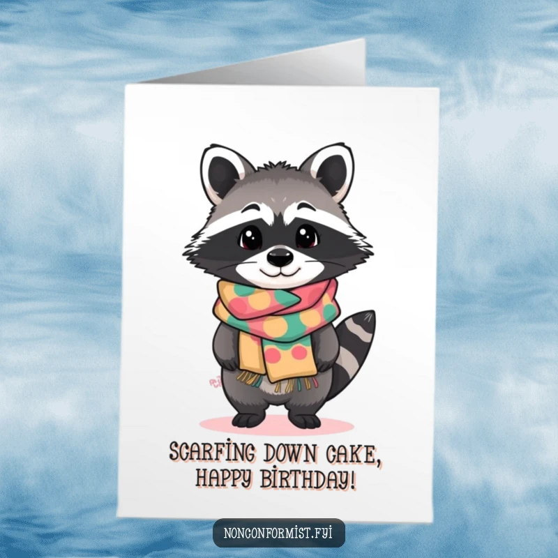 Funny Free Printable Birthday Card showing a standout raccoon character with a curious tilt, wearing a brightly patterned, handmade scarf.