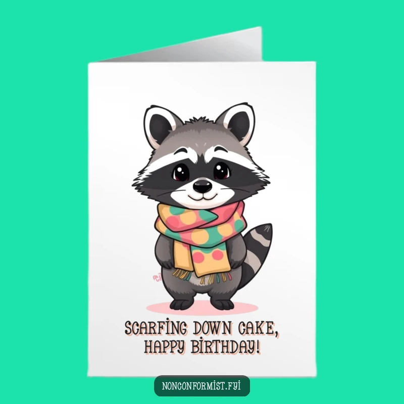 Free Printable Birthday Card: Raccoon in Scarf, Funny Downloadable Gift for Nature Lovers