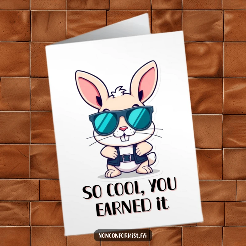 Funny Free Printable Birthday Card of a rebellious bunny with a cool grin and oversized sunglasses, ready to party.