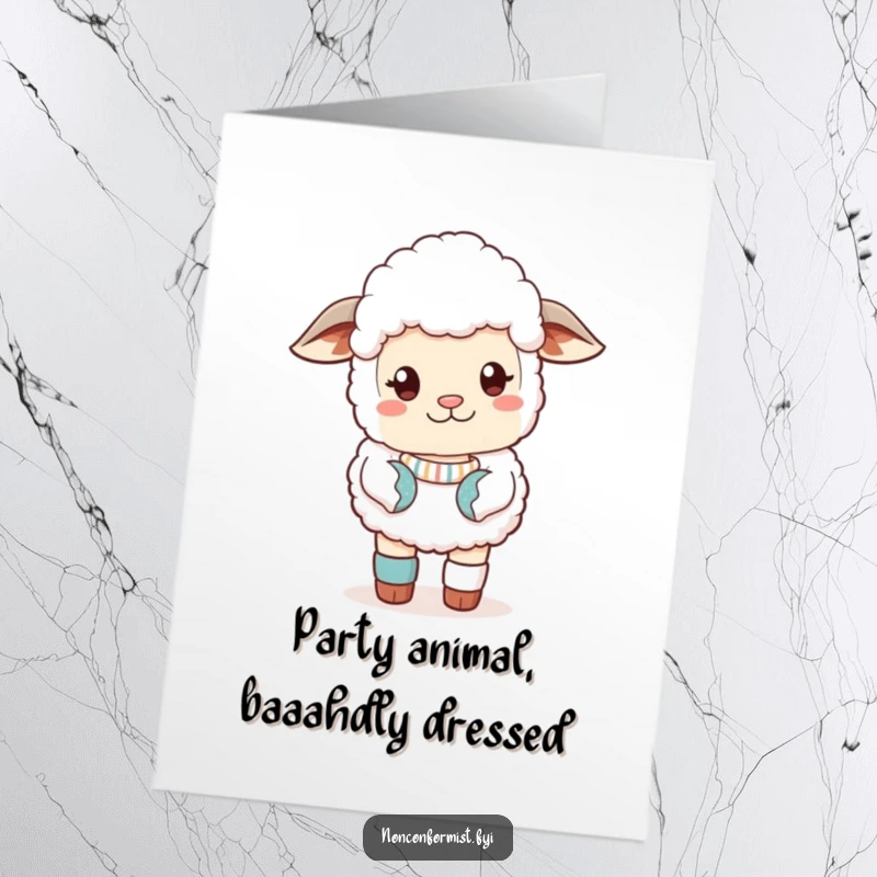 Funny Free Printable Birthday Card of a cute sheep striking a sassy pose with one mismatched sock, ready to party.