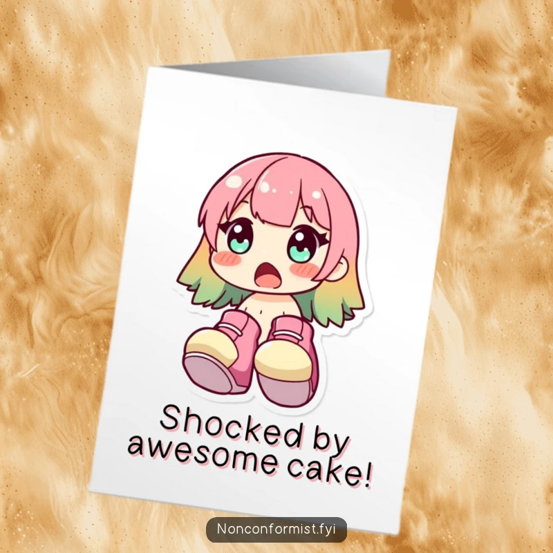 Funny Free Printable Birthday Card: Cute character gasping in shock, wearing enormous colorful shoes, humorous downloadable birthday gift.