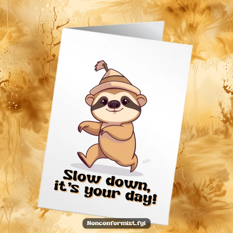 Funny Free Printable Birthday Card: A quirky sloth in a tiny hat comically attempts to speed walk, wishing happy birthday.
