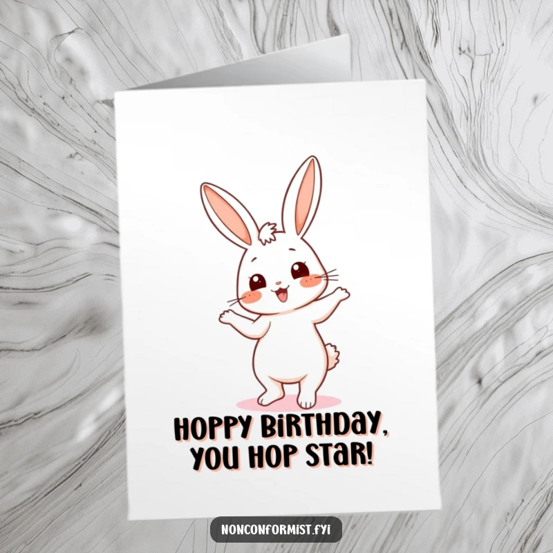 Funny Free Printable Birthday Card: Cute bunny doing a silly dance, sporting mismatched ears with joy, downloadable.