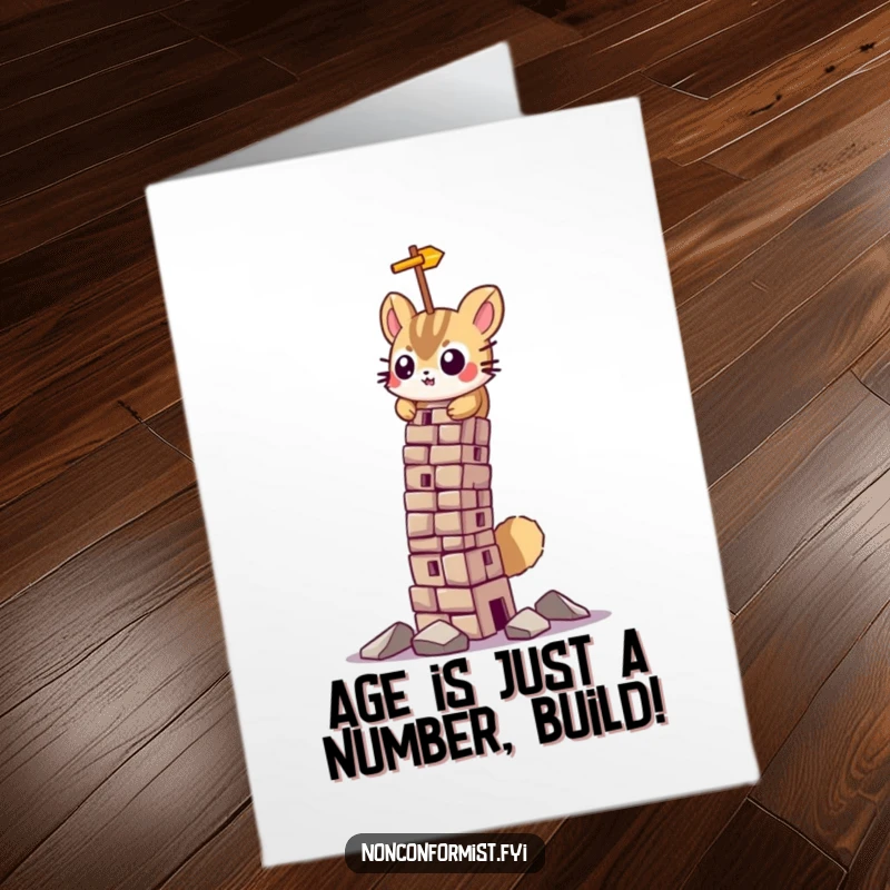Funny Free Printable Birthday Card: Small animal intensely building a comically leaning tower.