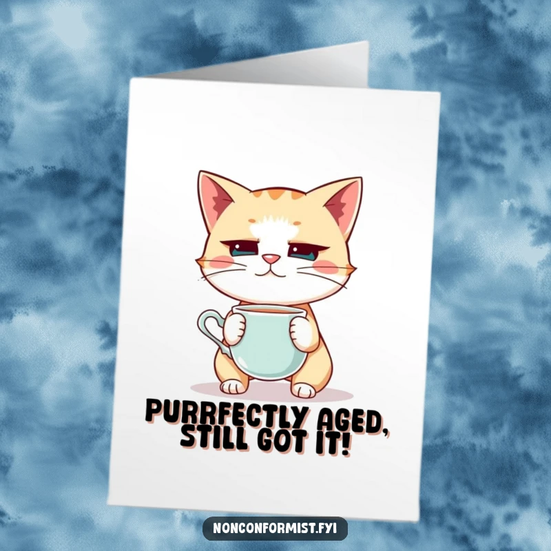 Funny free printable birthday card showing a cat intensely balancing a teacup on its nose, full of concentration.