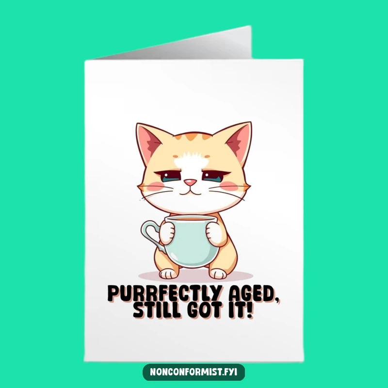 Funny Free Printable Birthday Card: Intense Cat Teacup Balancing Act - Downloadable Gift