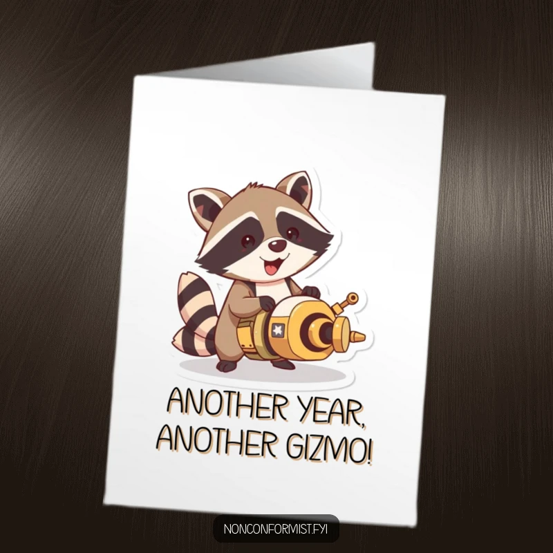 Funny Free Printable Birthday Card: Excited raccoon gleefully assembling a bizarre, homemade contraption with tools and a big smile.