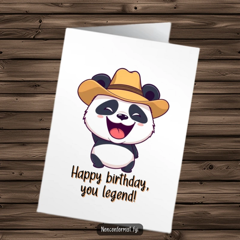 Funny free printable birthday card: Smiling panda in cowboy hat, roaring playfully, ready to party.