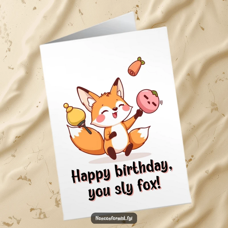 Funny Free Printable Birthday Card: Playful fox character juggling odd objects, celebrating your birthday.