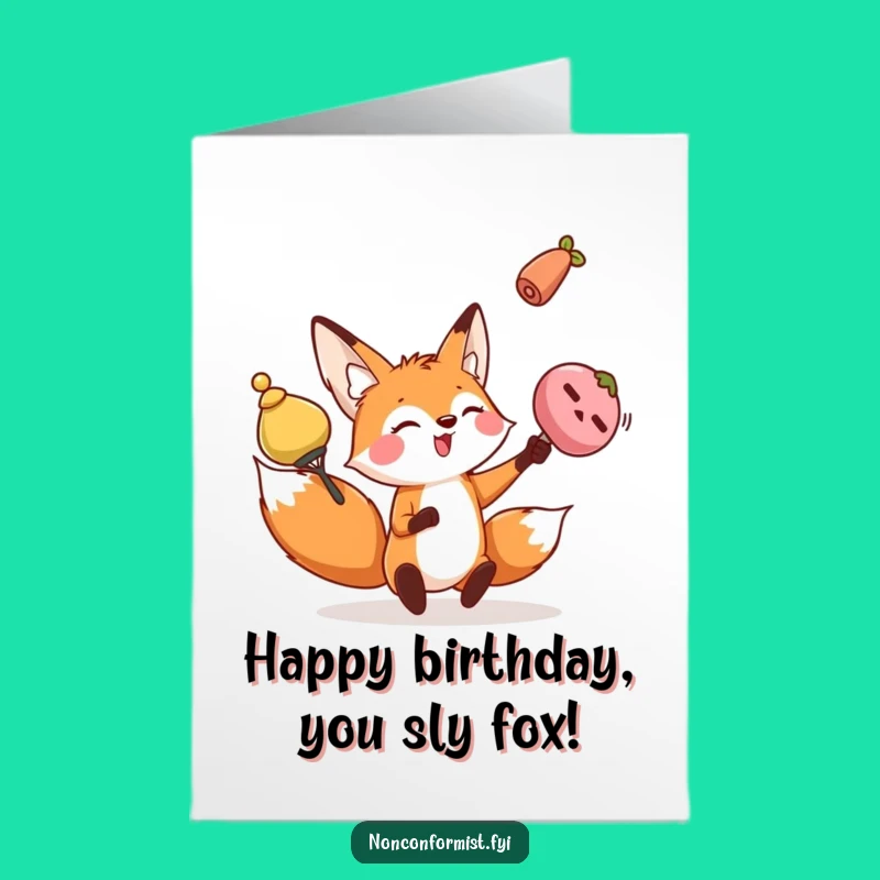 Free Printable Fox Birthday Card: Juggling character, perfect funny downloadable gift for a chaotic celebration.