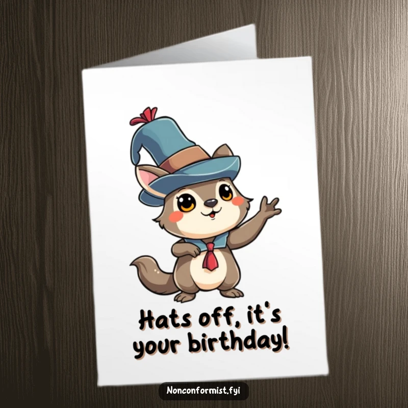 Funny Free Printable Birthday Card: Quirky animal character dons an eccentric hat, striking a dramatic and humorous pose.