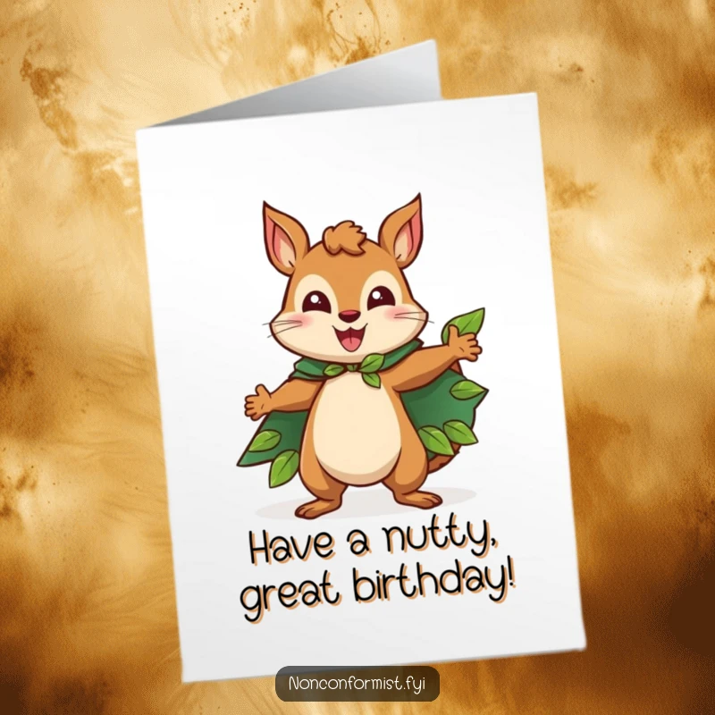 Funny Free Printable Birthday Card: Happy squirrel in a leaf cape striking a heroic pose, ready to celebrate.