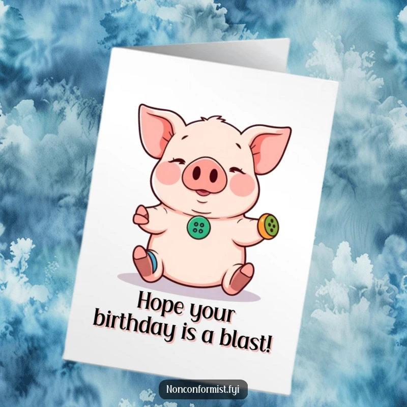 Funny Free Printable Birthday Card: Pig comically attempting to juggle three tiny, mismatched buttons, full of effort.