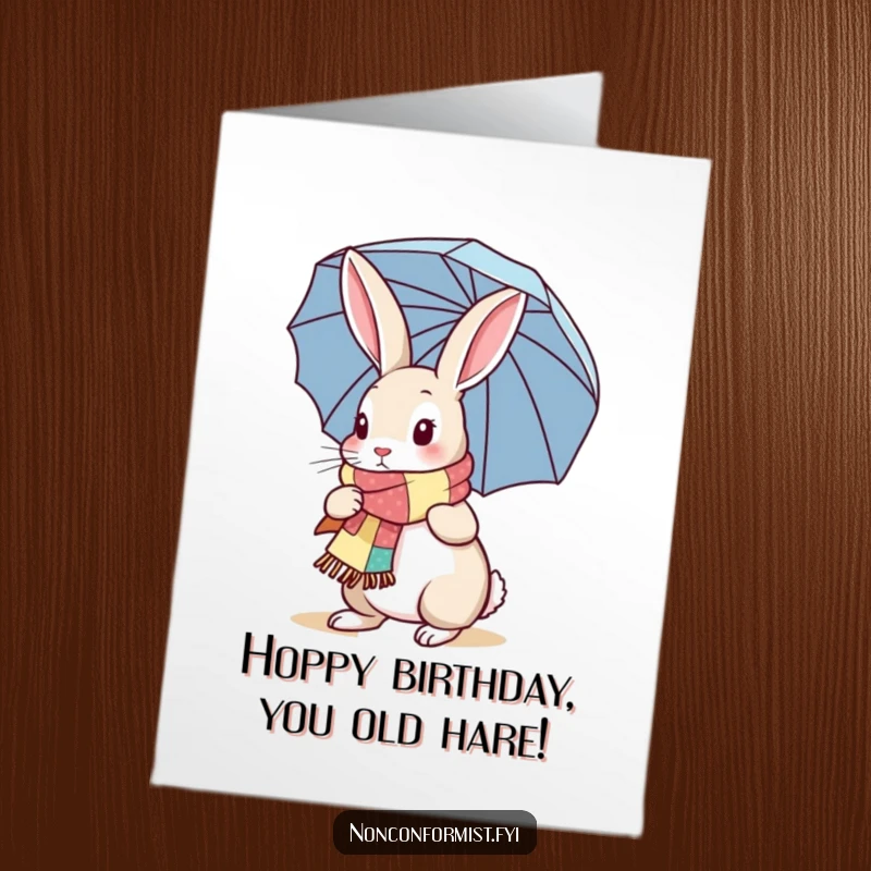 Funny Free Printable Birthday Card: Rabbit in scarf holding umbrella, ready for a quirky celebration, downloadable art.