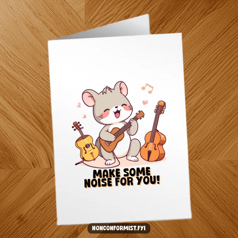 Funny Free Printable Birthday Card: Tiny animal ecstatically plays a chaotic mix of instruments in a musical celebration.