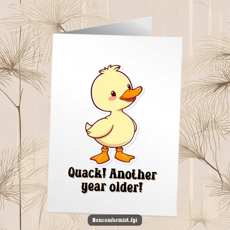 Funny free printable birthday card showing a cheerful duck proudly wearing only one brightly colored boot.