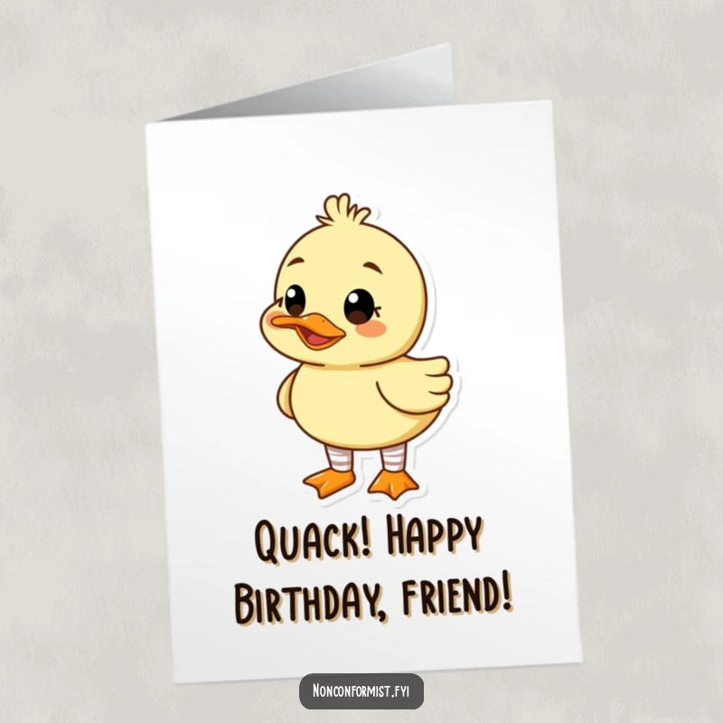 Funny Free Printable Birthday Card: A cute duck with a goofy grin sports mismatched socks cheerfully.