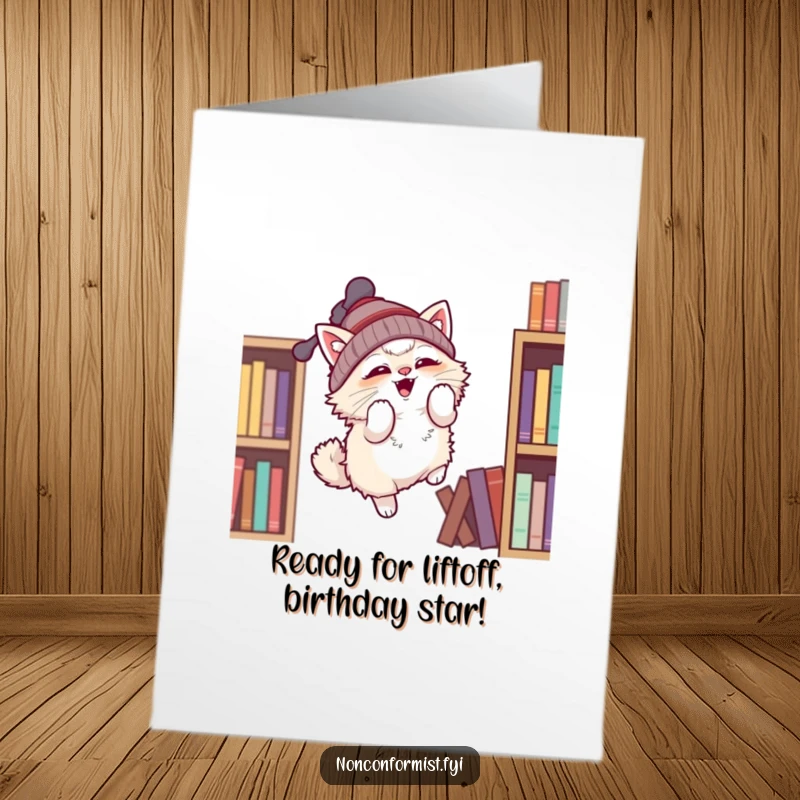 Funny Free Printable Birthday Card of a fluffy cat in a propeller beanie trying to fly off a bookshelf.