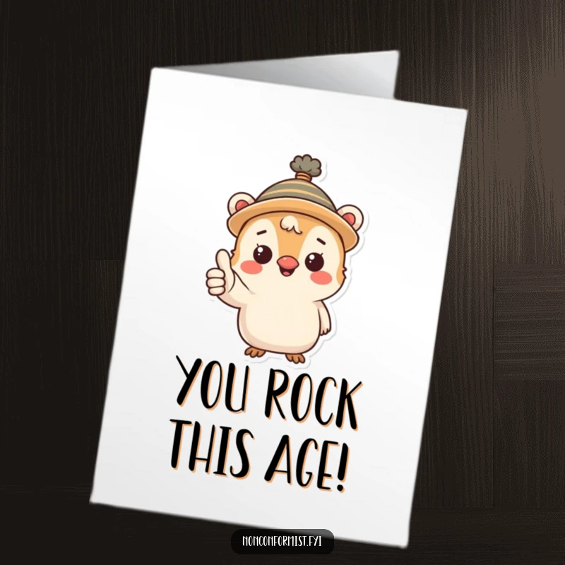 Funny Free Printable Birthday Card: Adorable creature in a silly hat gives an enthusiastic thumbs up to celebrate.