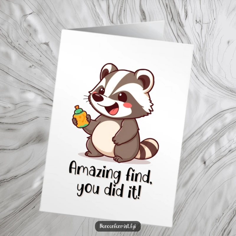 Funny Free Printable Congratulations Card: an excited badger bounces, holding a brightly colored, unusual object.