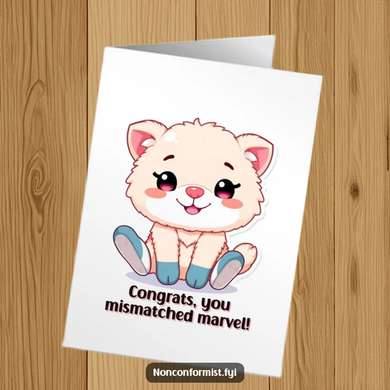 Funny Free Printable Congrats Card: A fluffy animal with a proud grin proudly displays its mismatched socks, celebrating achievement.