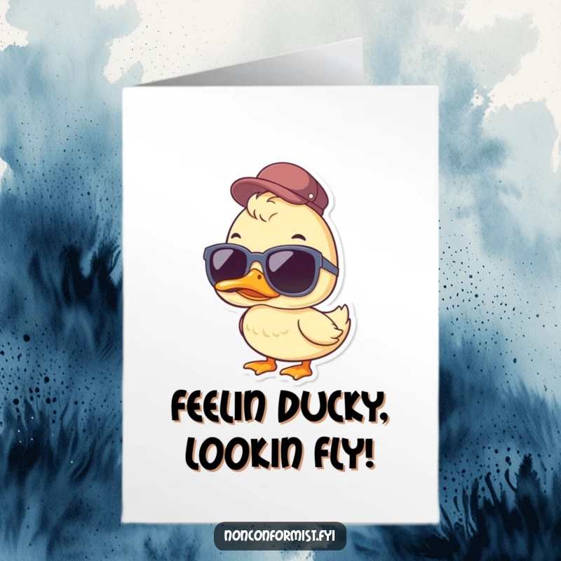 Funny Free Printable Congratulations Card: Duck in sunglasses and cap, exuding cool confidence for their achievement.