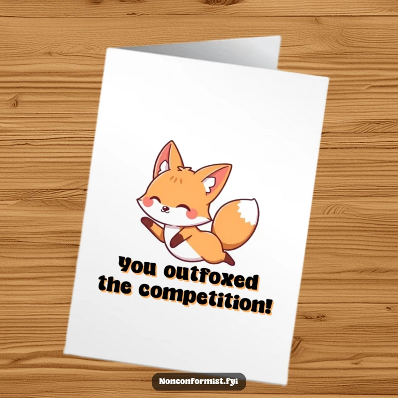 Funny Free Printable Congratulations Card: A fox gleefully bounding over a rigid, straight line, symbolizing triumph over conformity.
