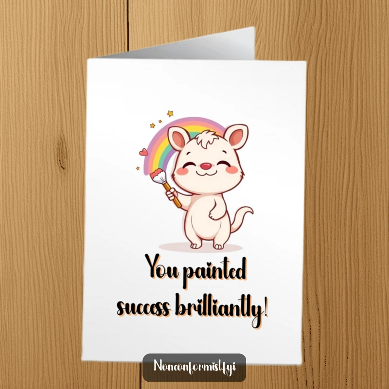 Free Printable Congratulations Card: A happy animal artist joyfully paints a bright rainbow on a dull grey background.