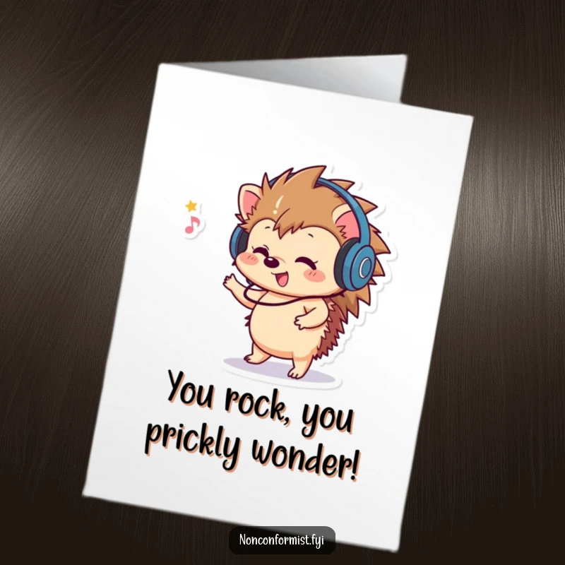 Free printable congratulations card featuring a playful hedgehog with headphones, energetically dancing.