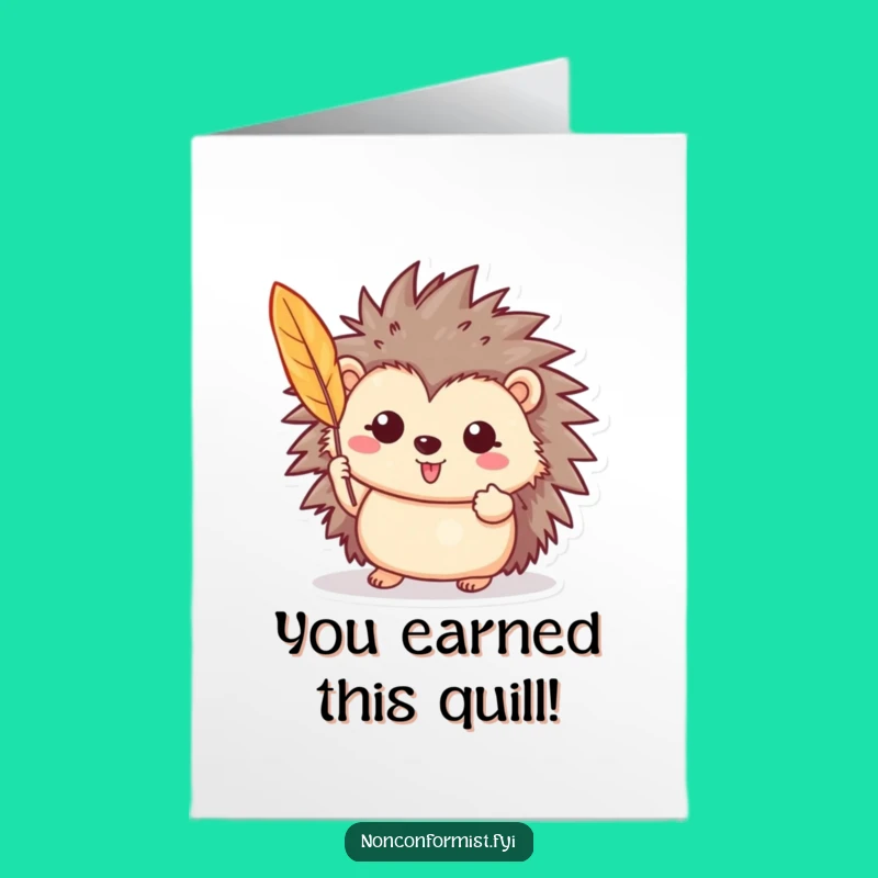 Free Printable Congrats Card: Hedgehog with Feather - Funny Downloadable Success Gift